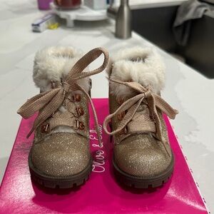 Glittery Tan Kids Boots with Faux Fur Trim